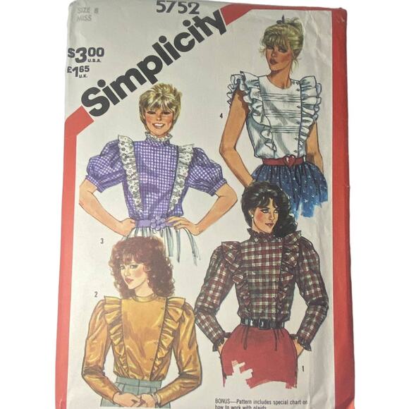 Simplicity 5752 Top Pattern Miss 8 Asymmetrical 80s Ruffle Blouse Church - Picture 2 of 6